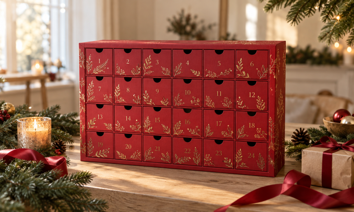 Un calendrier rouge, des rubans et des branches de sapin pour préparer Noël